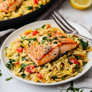 One Skillet Salmon with Lemon Orzo