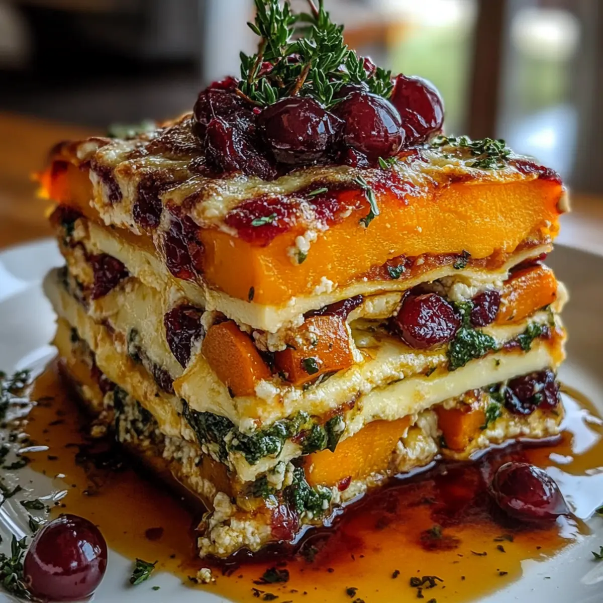 Vegetable Lasagna with Sweet Potato, Butternut Squash & Cranberry Glaze