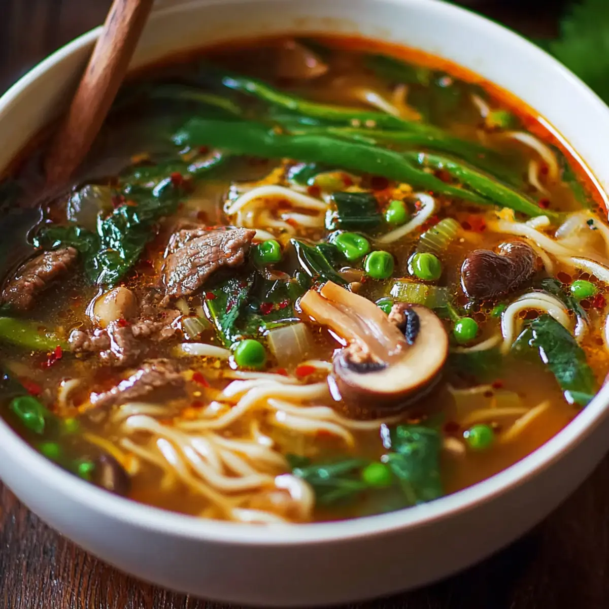 Spicy Ginger Beef & Mushroom Noodle Soup