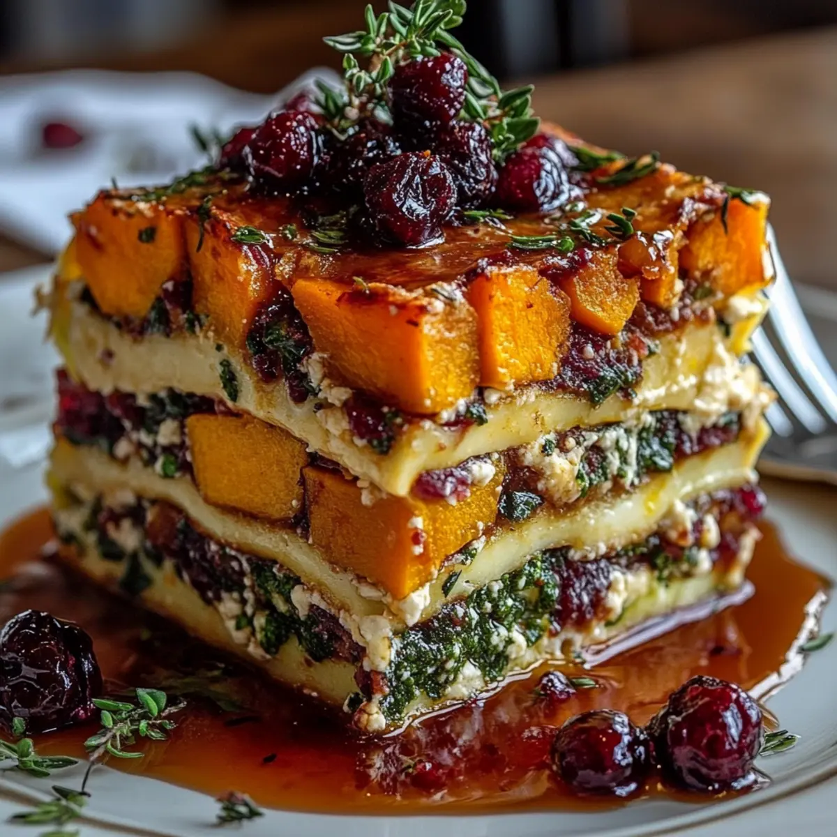 Vegetable Lasagna with Sweet Potato, Butternut Squash & Cranberry Glaze
