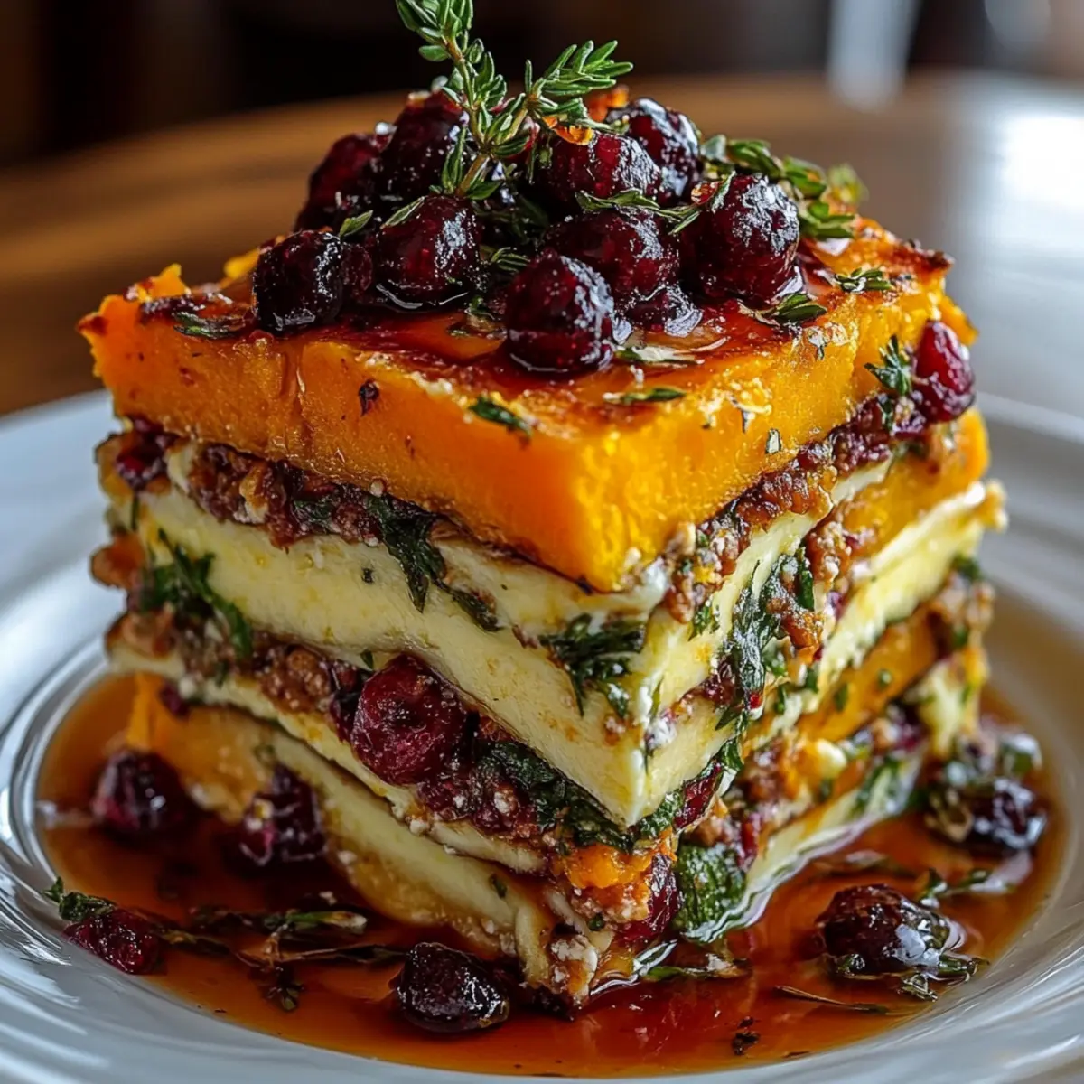 Vegetable Lasagna with Sweet Potato, Butternut Squash & Cranberry Glaze